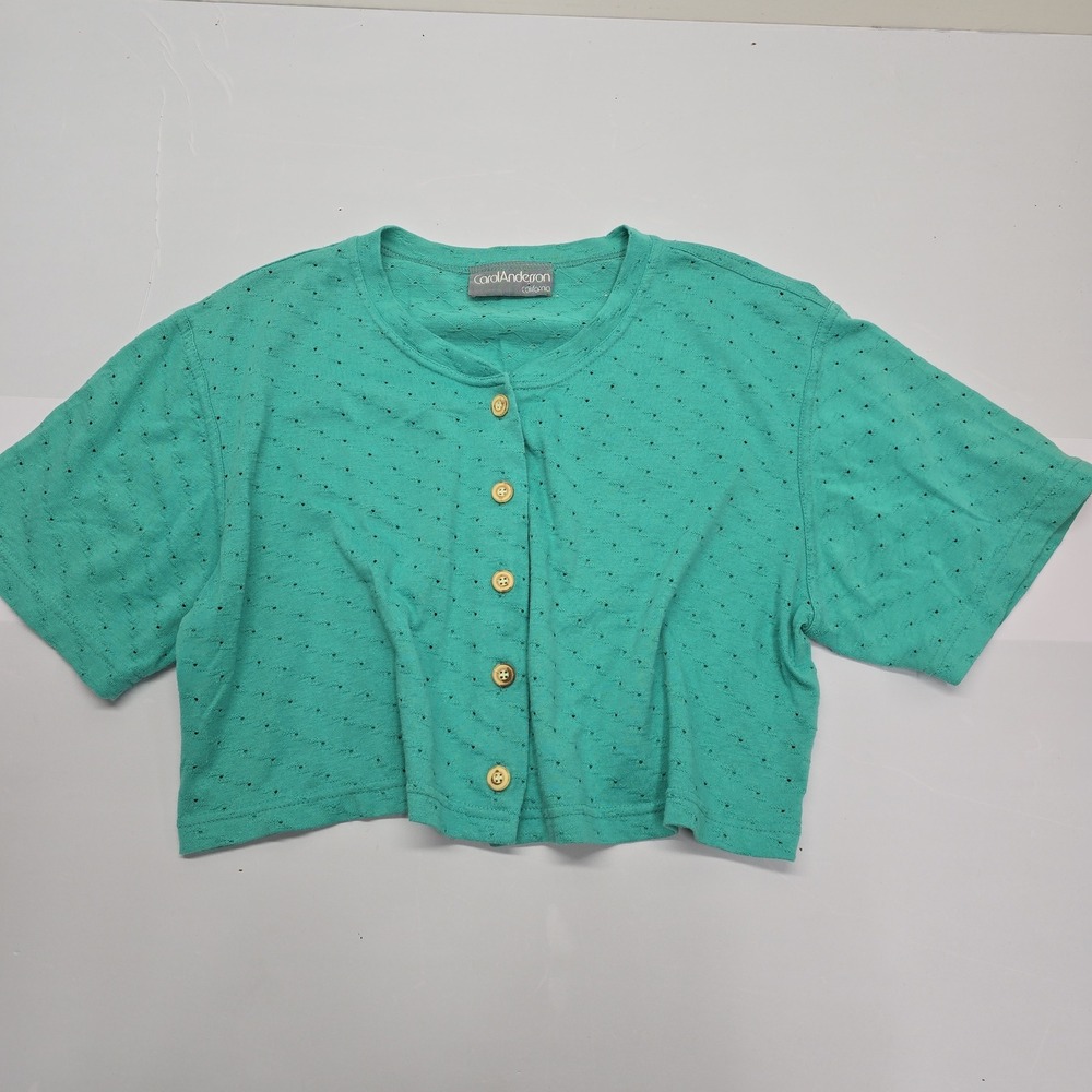 Carol Anderson California Teal Pointelle Knit Cropped Short Sleeve Cardigan Top